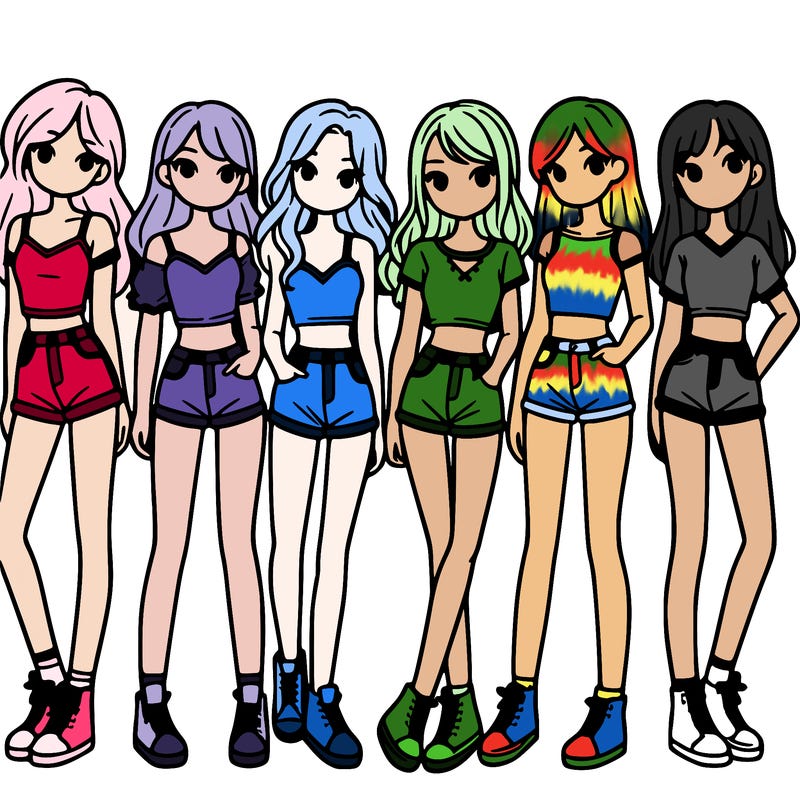 a group of girls wearing crop tops and shorts