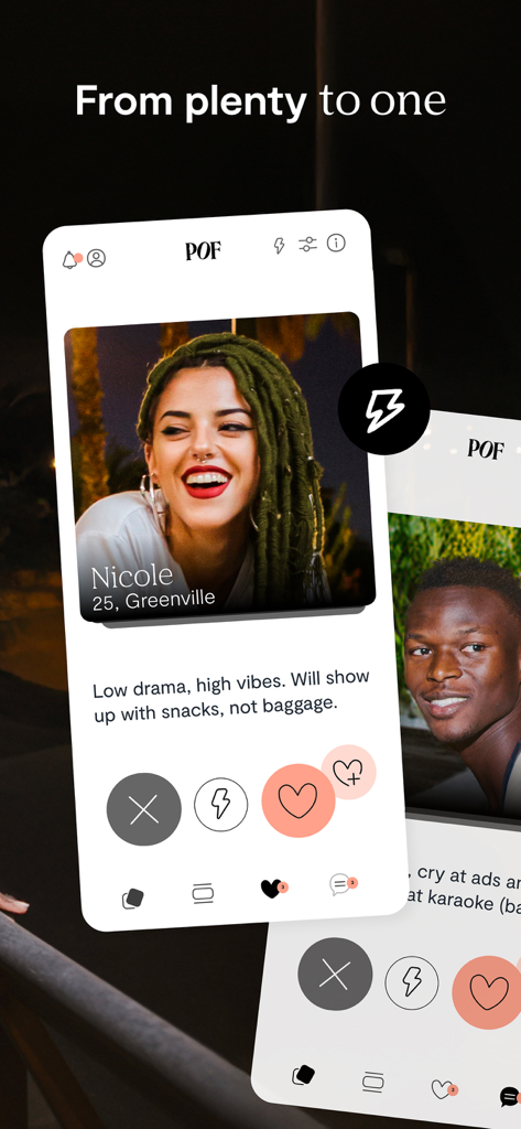 Plenty of Fish app interface showing a user profile for Nicole with a bio and dating interaction buttons.