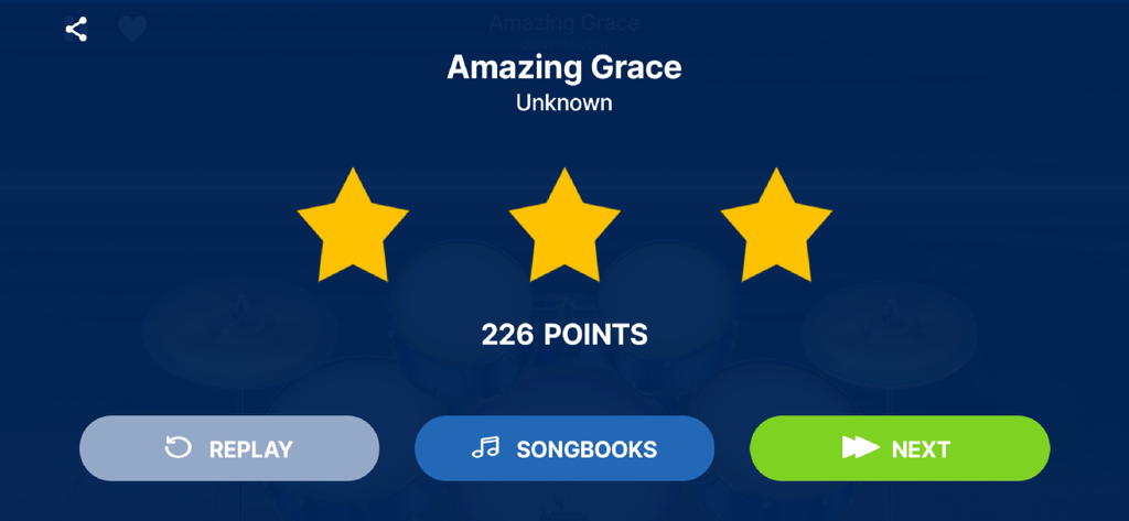 Drum Live - Drum Live app results screen showing three stars and 226 points for the song Amazing Grace