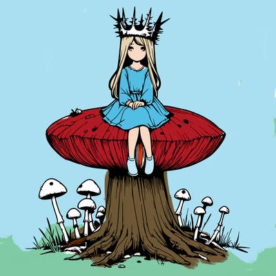 realistic girl sitting on a huge tree stump size toadstool with thorn crown