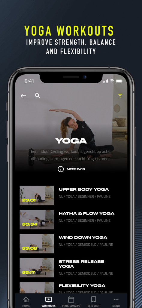 Mobile screen displaying a list of yoga classes in the CycleMasters app
