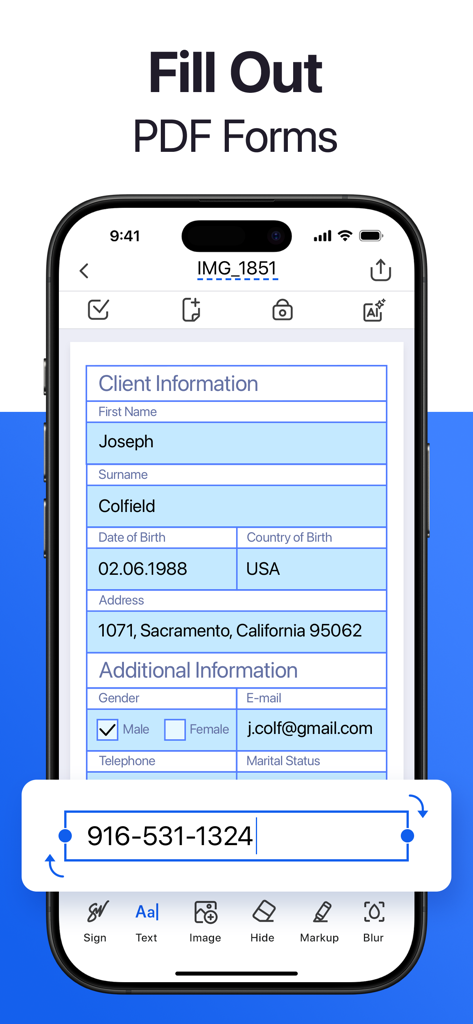 Forma: PDF Document Editor - Una interfaz de aplicación móvil para rellenar formularios PDF en un iPhone