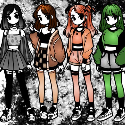 one girl with crop-top shirt and a jacket with a skirt, long socks and another girl with a shirt and pants with a jacket