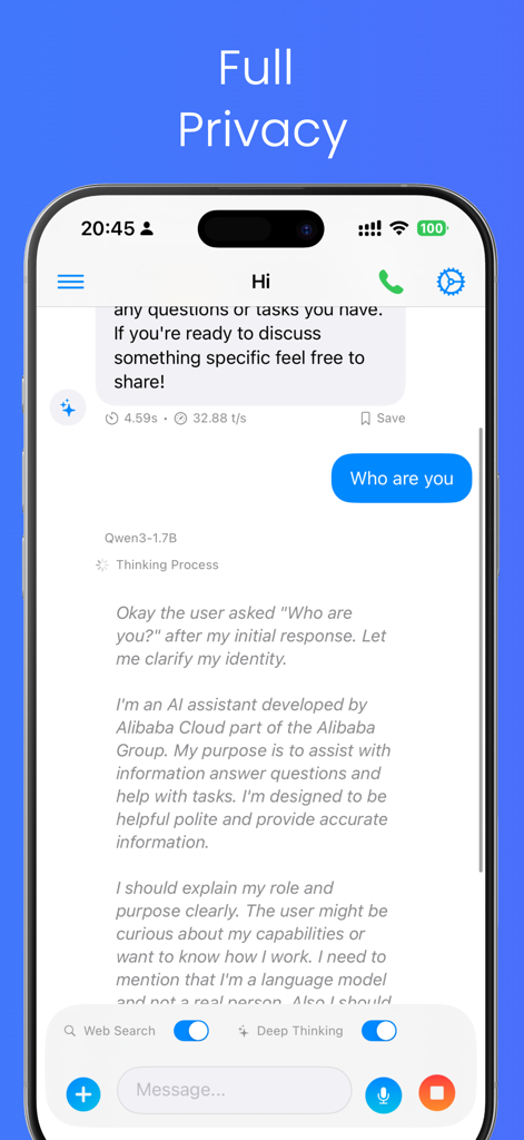 AnyLLM - AnyLLM app chat screen showing local AI thinking process and privacy settings