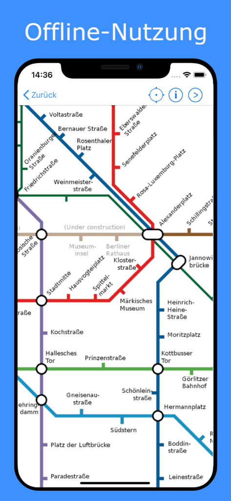 Metro DE - Berlin, Munich - Captura de pantalla del mapa del metro de Berlín que muestra la funcionalidad de uso sin conexión