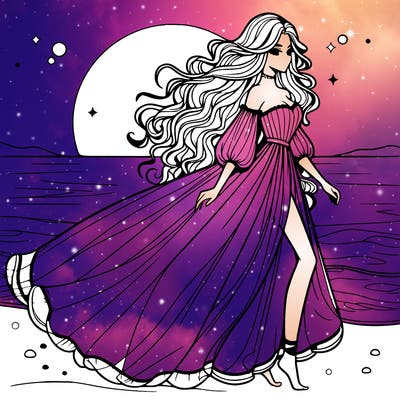 beautiful woman with a vaporous long dress walking on the beach at the noon, detailed art