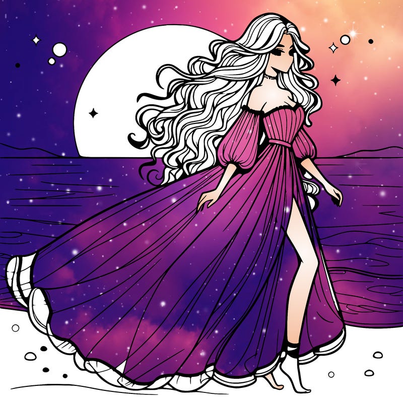 beautiful woman with a vaporous long dress walking on the beach at the noon, detailed art