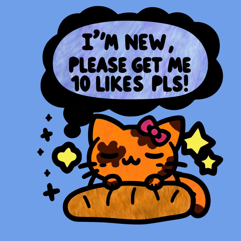 kitty taking a nap dream talking and saying "i'm new, please get me at least 10 likes pls!!"