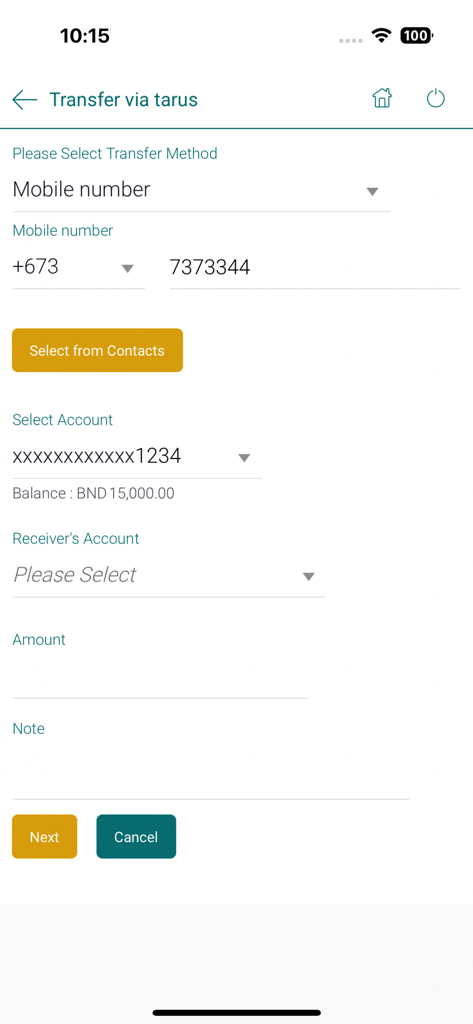 TAIBVX - Mobile banking interface of the TAIBVX app for transferring funds via mobile number.