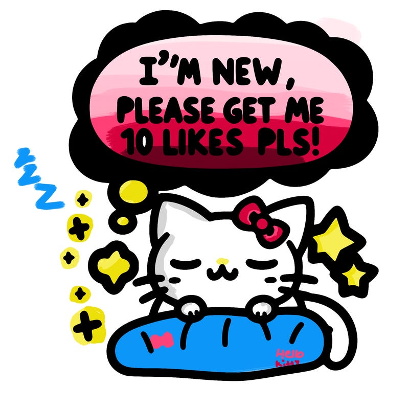 kitty taking a nap dream talking and saying "i'm new, please get me at least 10 likes pls!!"