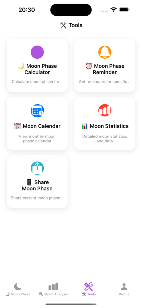 Moon-Lunar Calendar,Moon Phase - A menu screen of the Moon app displaying tools like moon phase calculator, reminders, calendar, and statistics.