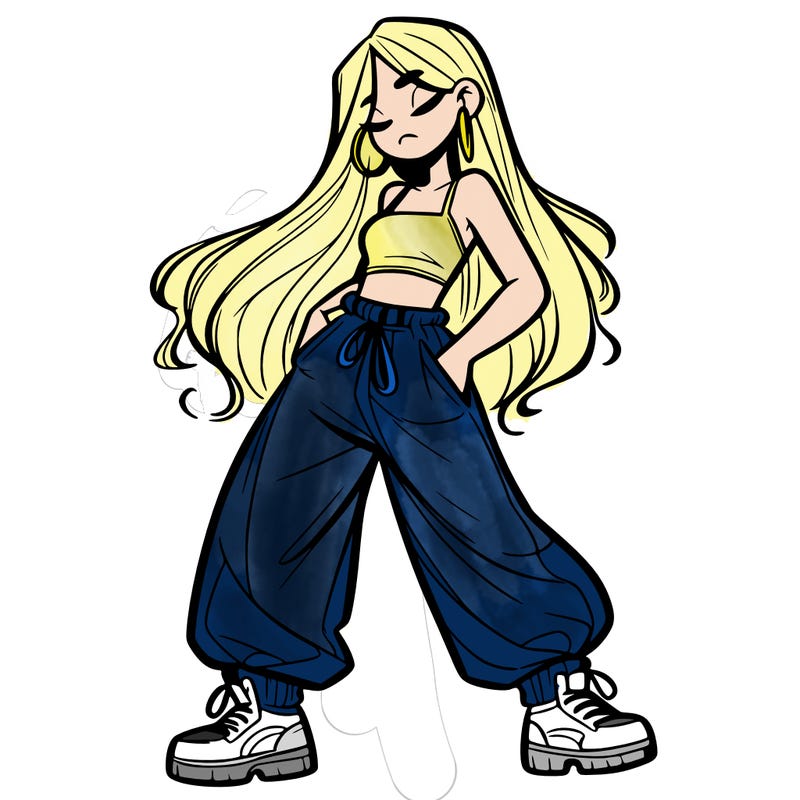 girl in baggy pants crop top and long hair