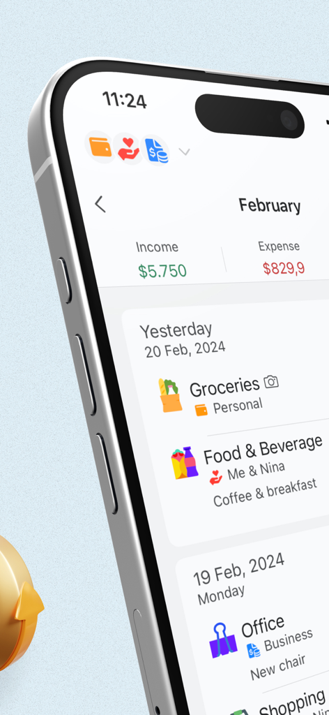 Interfaz de la aplicación Money Tracker que muestra una lista de ingresos y gastos categorizados para febrero en un dispositivo móvil.