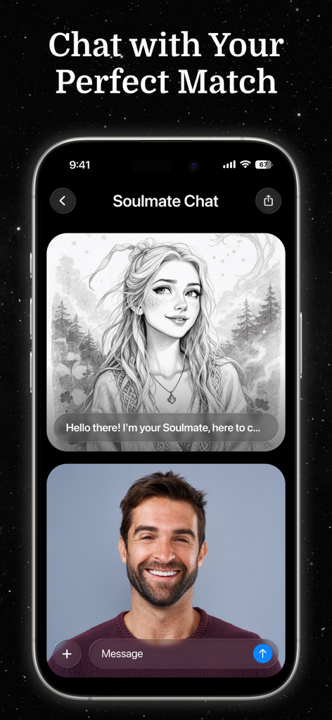 Luna AI - Soulmate Drawing - Screenshot of the Luna AI app showing a soulmate chat interface with an AI generated sketch of a woman and a user profile photo