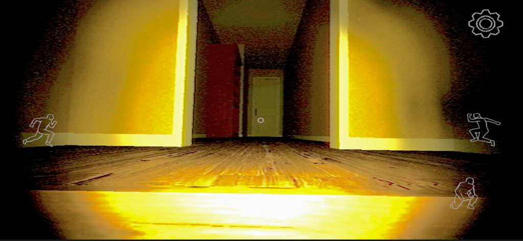 Visão em primeira pessoa de um corredor mal iluminado em Obelisk Analog Horror Game com estética VHS.