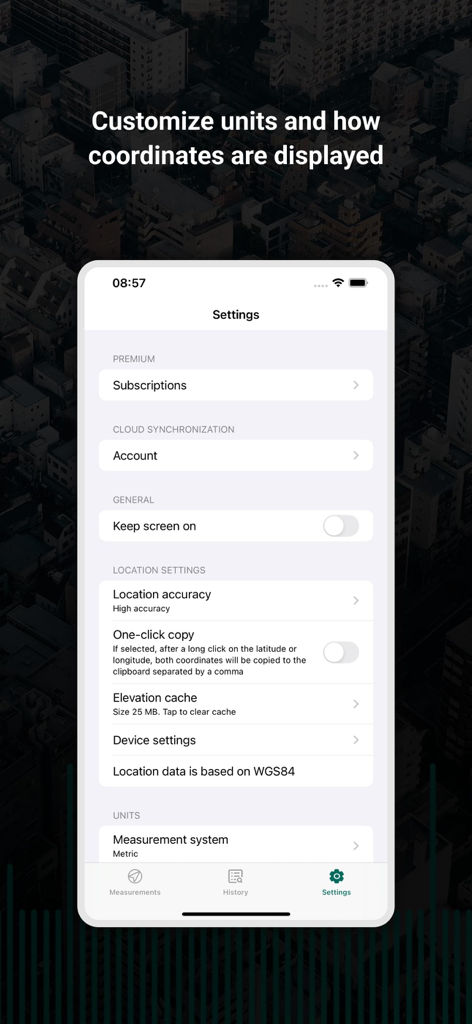 My GPS Tape Measure - Settings screen of the GPS Tape Measure app showing options for units and location accuracy