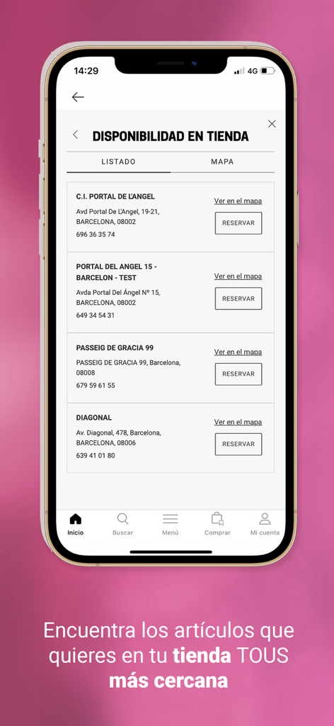 TOUS - Interface of the TOUS mobile app showing a list of store locations and options to reserve items in person