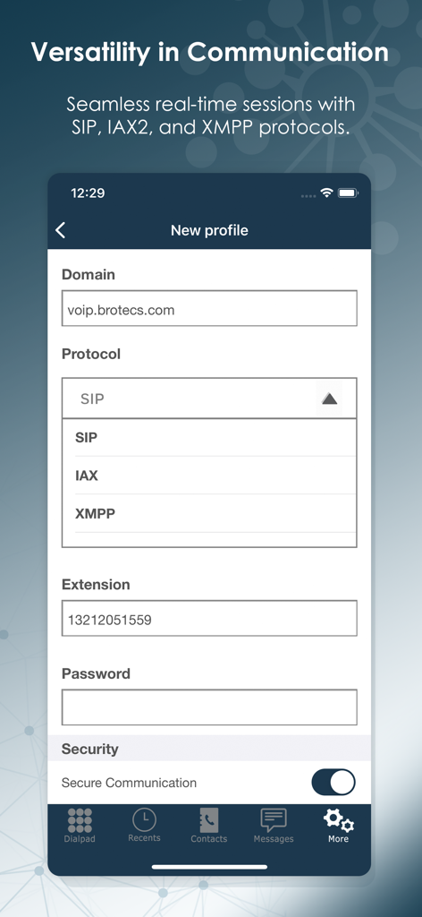 Skylar Enterprise - Interface for creating a new profile in the Skylar Enterprise app with SIP and IAX protocol selection