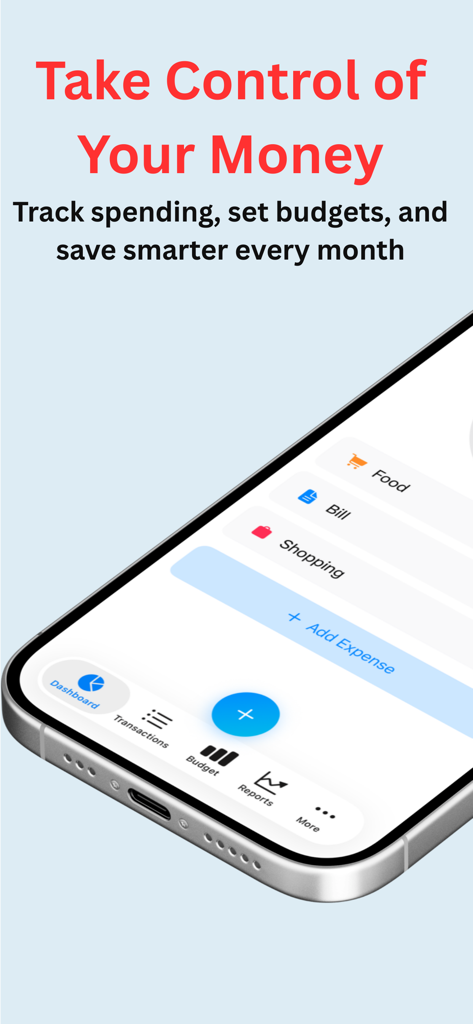 Budgetly - Personal Budget App - Smartphone screen displaying the Budgetly app dashboard for tracking monthly spending and budgets