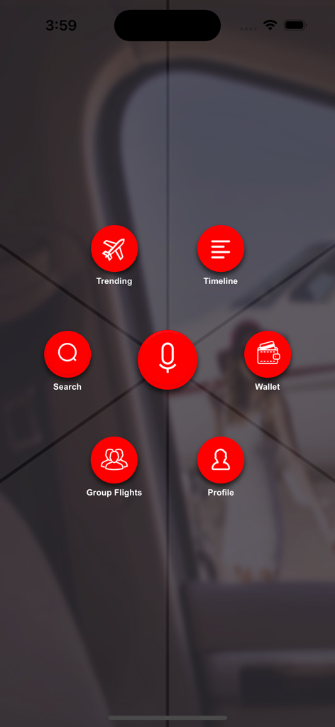 Fly Air - Menu principal de l'application mobile Fly Air avec des boutons circulaires rouges pour la recherche vocale, les vols de groupe et le profil du compte