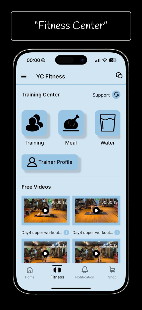 YC Fitness app dashboard showing training meal and water tracking icons plus a section for free workout videos