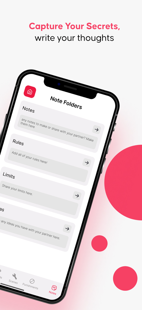 mysub: A BDSM Habit Tracker - A screenshot of the mysub app showing note folders for organizing rules, limits, and thoughts.
