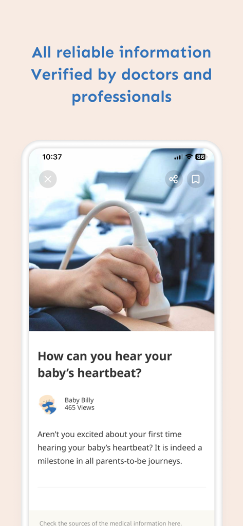 Baby Billy - Pregnancy & Baby - Mobile app screen showing a pregnancy article about hearing a baby's heartbeat verified by medical professionals