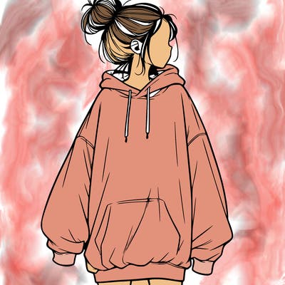 realistic girl with a oversized sweatshirt on and a bun
