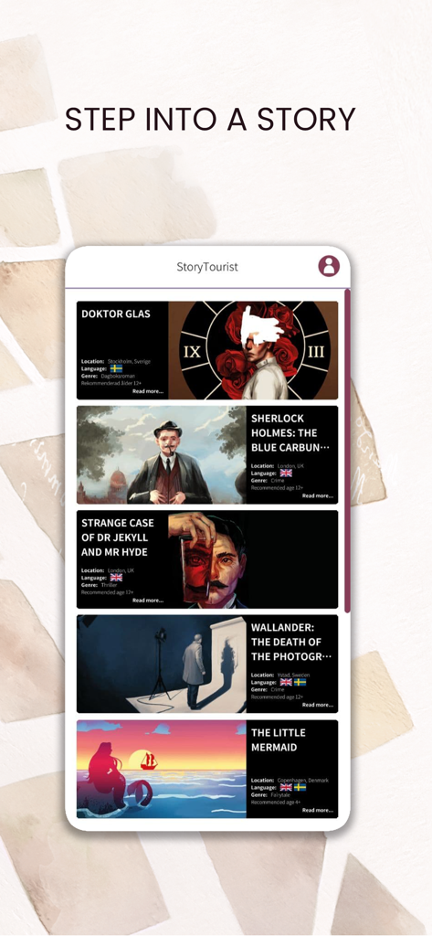 Smartphone screen displaying a variety of literary and historical walking tours in the StoryTourist app
