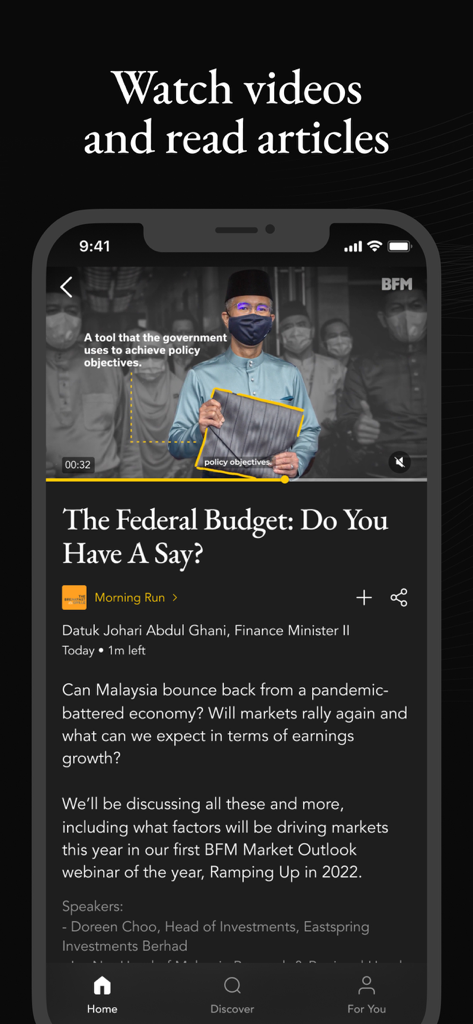 BFM Business Radio - BFM Business Radio app interface featuring business news videos and articles