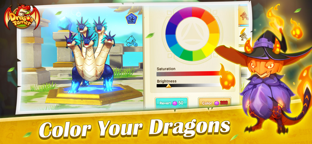 Dragon Tamer: Genesis - Interface showing the dragon color customization feature with a color wheel and a blue hydra in Dragon Tamer Genesis