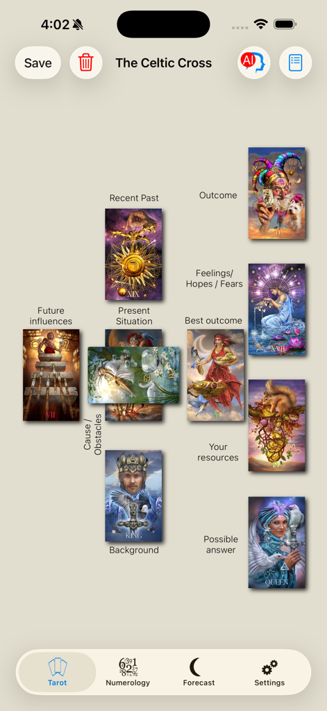 Ein detailliertes keltisches Kreuz-Tarot-Kartenlayout innerhalb der mobilen Anwendungsoberfläche von Tarot und Numerologie.