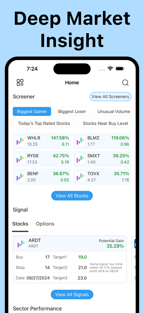 Finview: Stock Screener Signal - Finview 앱 홈 화면. 주식 스크리너 결과 및 거래 신호가 표시됩니다.