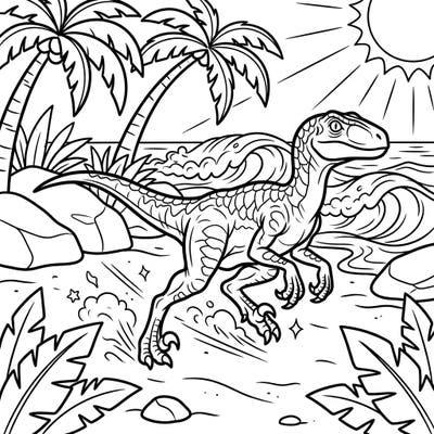 Embark on a thrilling prehistoric journey with this energetic Velociraptor dashing across a sun-drenched summer beach. This exciting coloring page perfectly blends dinosaur adventure with vibrant tropical vibes.