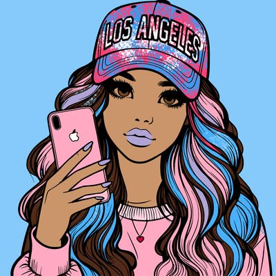 realistic beautiful girl wearing los ángeles cap holding an iphone