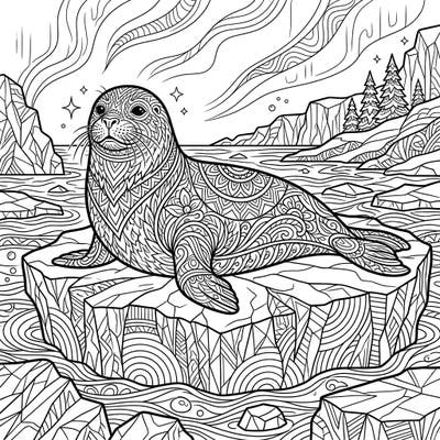 Discover an intricately designed adult coloring page showcasing a majestic seal resting serenely on an ice floe, perfect for advanced colorists. This unique template subtly weaves in themes of Pride Month, offering a creative and calming experience.