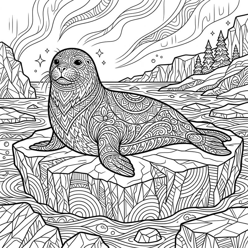 Discover an intricately designed adult coloring page showcasing a majestic seal resting serenely on an ice floe, perfect for advanced colorists. This unique template subtly weaves in themes of Pride Month, offering a creative and calming experience.
