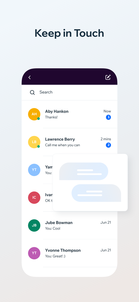WiAIG - Direct messaging screen of the WiAIG app showing a list of conversations with professional contacts.