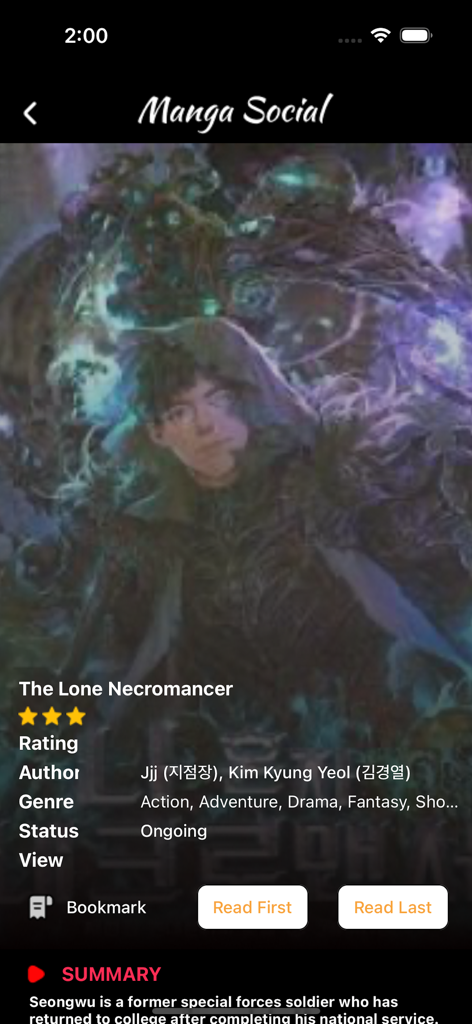 Manga Reader mangatoon geek - Screenshot of The Lone Necromancer manga details page on the Manga Social app