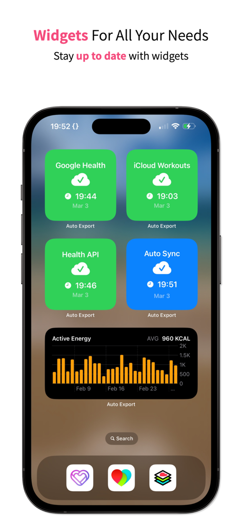 iPhone home screen displaying Health Auto Export widgets for data syncing and active energy tracking