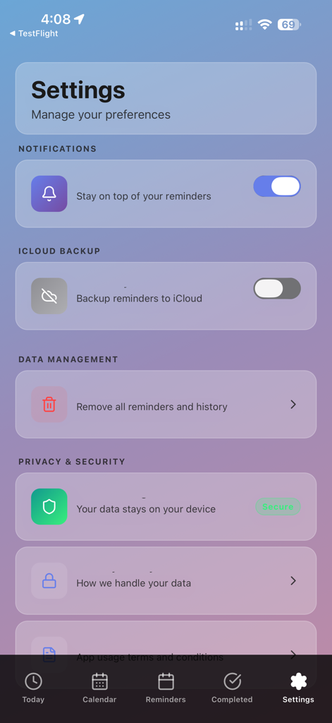 Settings screen of the Smart Reminder app showing notification, backup, and privacy options on a purple gradient background.