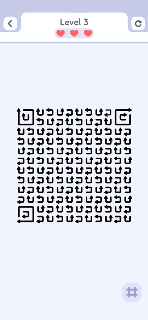 Arrow Flow Puzzle - Pantalla de juego minimalista de Arrow Flow Puzzle que muestra una cuadrícula de flechas negras en un laberinto de lógica en el nivel 3