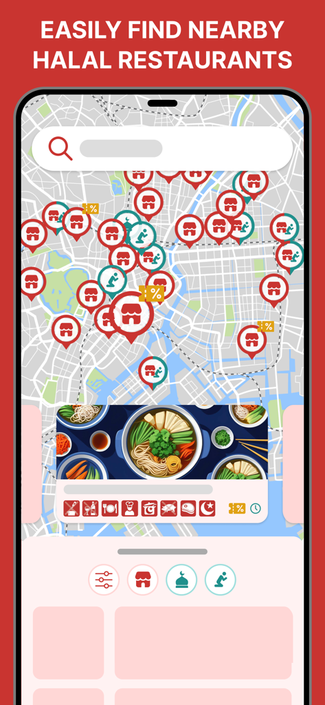 Halal Gourmet Japan - Mobile screen showing a map of Japan with icons for nearby halal restaurants and prayer spaces