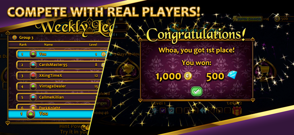 Weekly leaderboard screen in Aces Spades showing a first place win and rewards