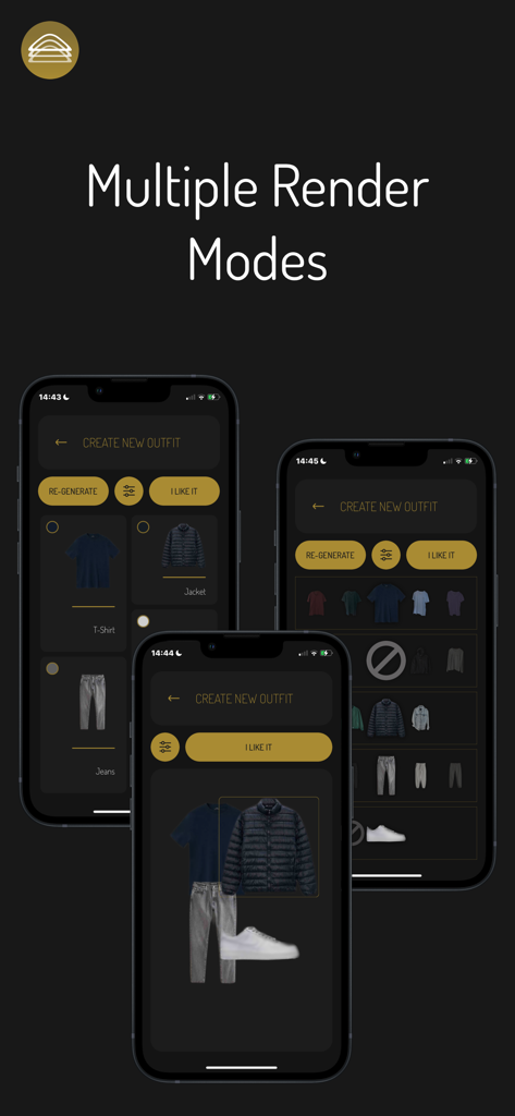 Outfiter - Three iPhone screens displaying different layout options for creating and viewing outfits in the Outfiter app.