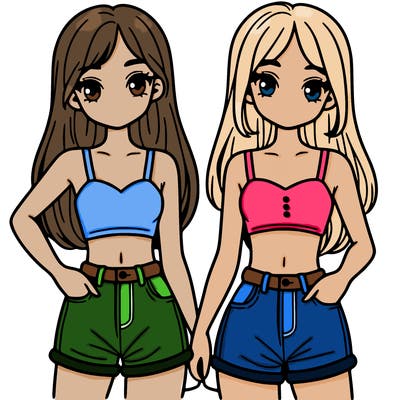 two sisters with crop tops and jean shorts and straight hair