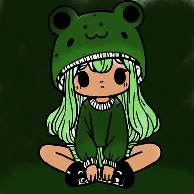 a girl wearing a frog hat and some frog socks