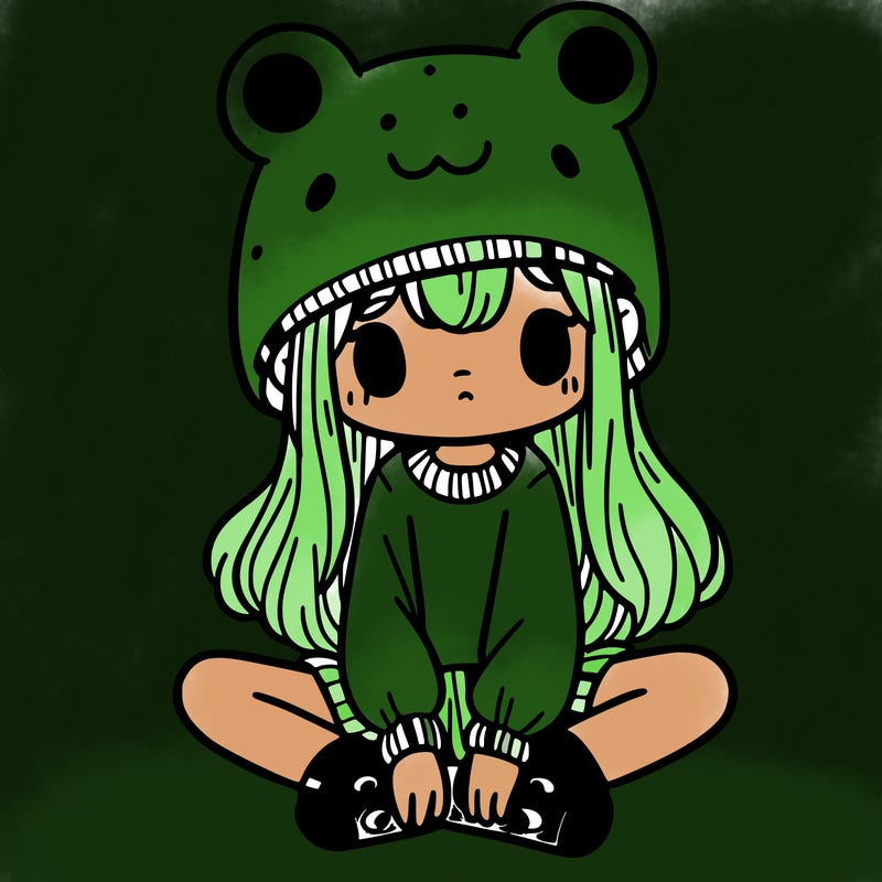 a girl wearing a frog hat and some frog socks