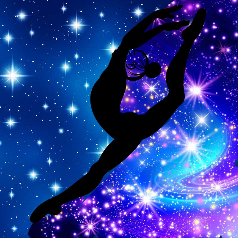 gymnast doing a leap in a leotard with a bent back leg