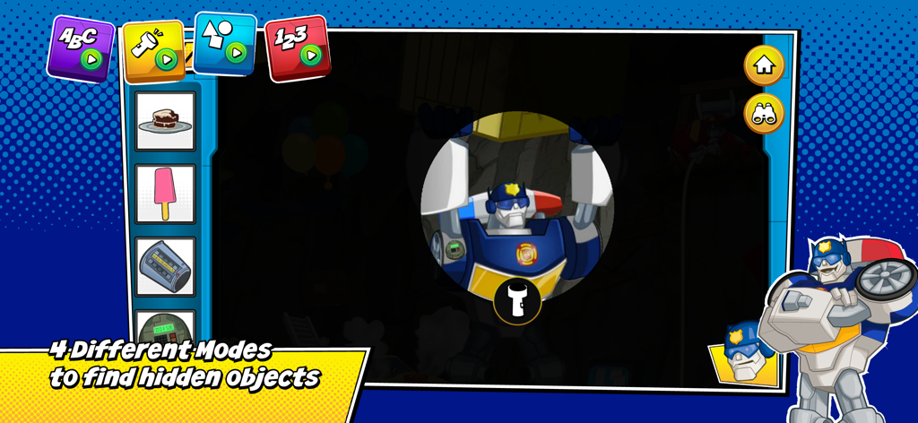 Transformers Rescue Bots! - Transformers Rescue Bots app screenshot showing four different hidden object game modes including literacy and numeracy